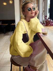 FOR BEAUTY Spring And Summer New Butter Yellow Solid Color Round Neck Long Sleeved Knitted Sweater For Women, Loose, Simple, Casual, Versatile Off Shoulder Pullover Sweater Graduation