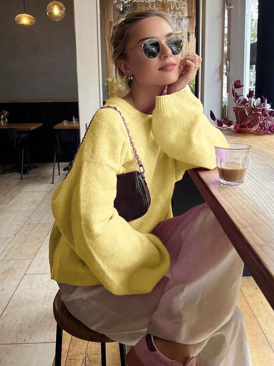 FOR BEAUTY Spring And Summer New Butter Yellow Solid Color Round Neck Long Sleeved Knitted Sweater For Women, Loose, Simple, Casual, Versatile Off Shoulder Pullover Sweater Graduation