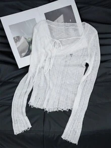 Apricot Oversized Crew Neck Slim Fit Ripped Knitted Top With Shoulder Cut-Outs, Tie Bow Design, Long Sleeve Cover Up Shawl Jacket For Women, Sun Protection - Apricot - View 6