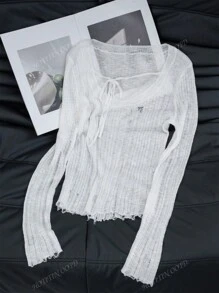 Apricot Oversized Crew Neck Slim Fit Ripped Knitted Top With Shoulder Cut-Outs, Tie Bow Design, Long Sleeve Cover Up Shawl Jacket For Women, Sun Protection