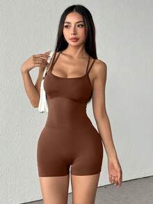 1pc Women's Sexy Adjustable Straps Jumpsuit, Sports & Fitness Yoga Romper Shapewear Jumpsuit - Brown - View 6