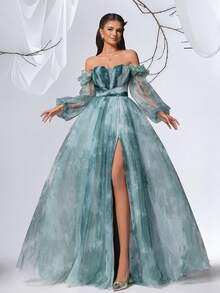 VIPGIRL 优雅的渐变绿色露肩长款正式礼服，泡泡袖高开衩设计，适合女士出席舞会、晚宴、婚礼等场合，也可作为仙女风正式礼服或派对礼服穿着。 - 墨綠色 - 查看 5