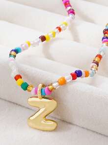 1pc Multicolor Glass Beads Letter Pendant Necklace, Bronze Tone - Multicolor - View 14