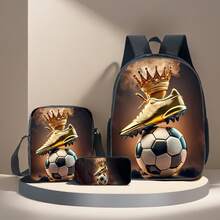 3 件套足球主题 3D 印花背包、斜挎包、铅笔袋、16 英寸书包、户外旅行包 - 黑色 - 查看 10