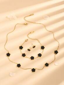 Set de 4 piezas de joyería con flor pentagonal de acero inoxidable y concha - aretes, pulsera, collar