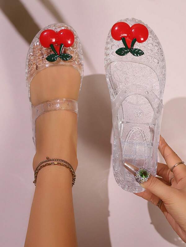 1 par de sandalias planas de estilo casual con decoración de cerezas para adolescentes, de suela ligera tipo jalea, tipo slip-on, apropiados para el verano