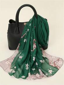 优雅玫瑰印花薄围巾，时尚沙滩披肩，复古休闲长款雪纺真丝围巾，女士夏季连衣裙搭配 - 墨綠色 - 查看 4