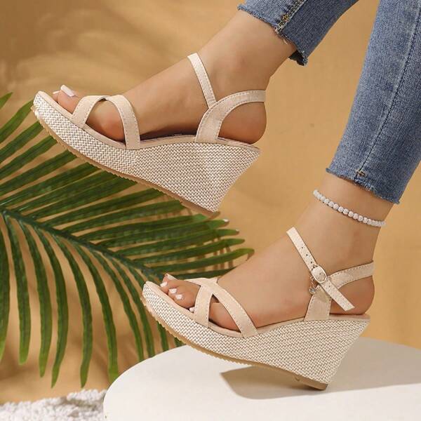 Women's Fashion Wedge Sandals, Beige Rope Bottom Thick Sole Wedge Sandals, Spring/Summer