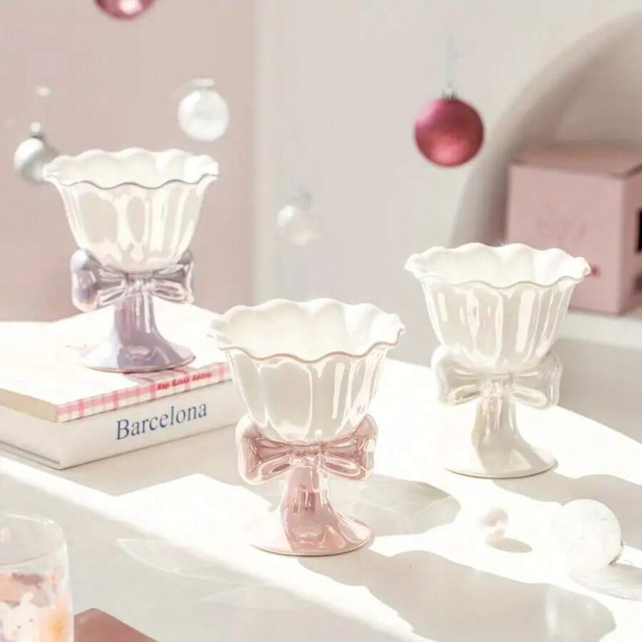 1pc, 6.09oz Ice Cream Cup, Japanese Bowknot Ceramic Dessert Cup, Exquisite Personalized Design And Best Gift Choice For Couple - Multicolor - View 1