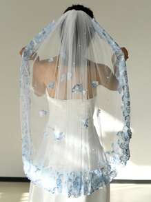 1 Stück kurzer, einlagiger Brautschleier in Farbverlauf-Blau mit besticktem Rand, Perlenverzierung & Haarkamm, Hochzeitskleid Accessoire für Frauen