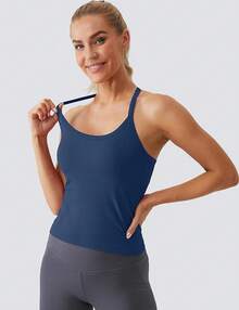 Workout Tops Women With Built In Bra, Sleeveless Gym Tops Seamless Racerback Athletic Yoga Shirts, Activewear - 海軍 - View 5