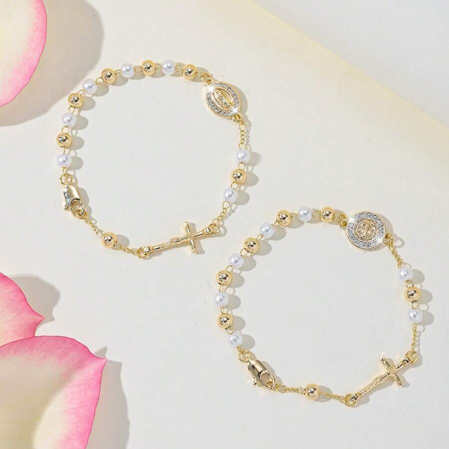 1 pieza Pulsera católica con cuentas de 5MM, 19CM, de dos colores, en estilo cruz italiana, regalos de boda de San Benito