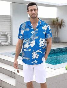 Men's Hawaiian Shirt Button Down Tropical Beach Short Sleeve Aloha Shirthalloween - 白花藍 - 查看 4