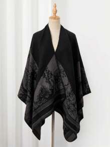 1pc Unisex Geometric & Floral Print Front Slit Outerwear, Autumn Season