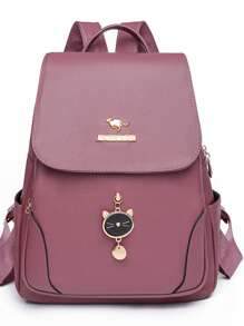 1pc Vintage Classic Large Capacity Double Zipper Women's Backpack In PU Material, With Adorable Pendant, Suitable For Commuting, Shopping, Travel, Available In Burgundy Red, Black Or Navy Blue, Perfect For Back To School, Travel, And Mother's Day Gift