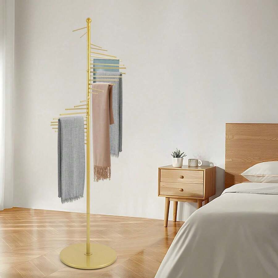 OUKANING Gold Retail Display Tie & Scarf Rack, Belt Hanger & Pants Rack Towel Organizer Hanging Bar, Floor Standing Tie Rack Scarves Rack Necktie Holder For Home Clothing Store Commercial - 金色 - 查看 1