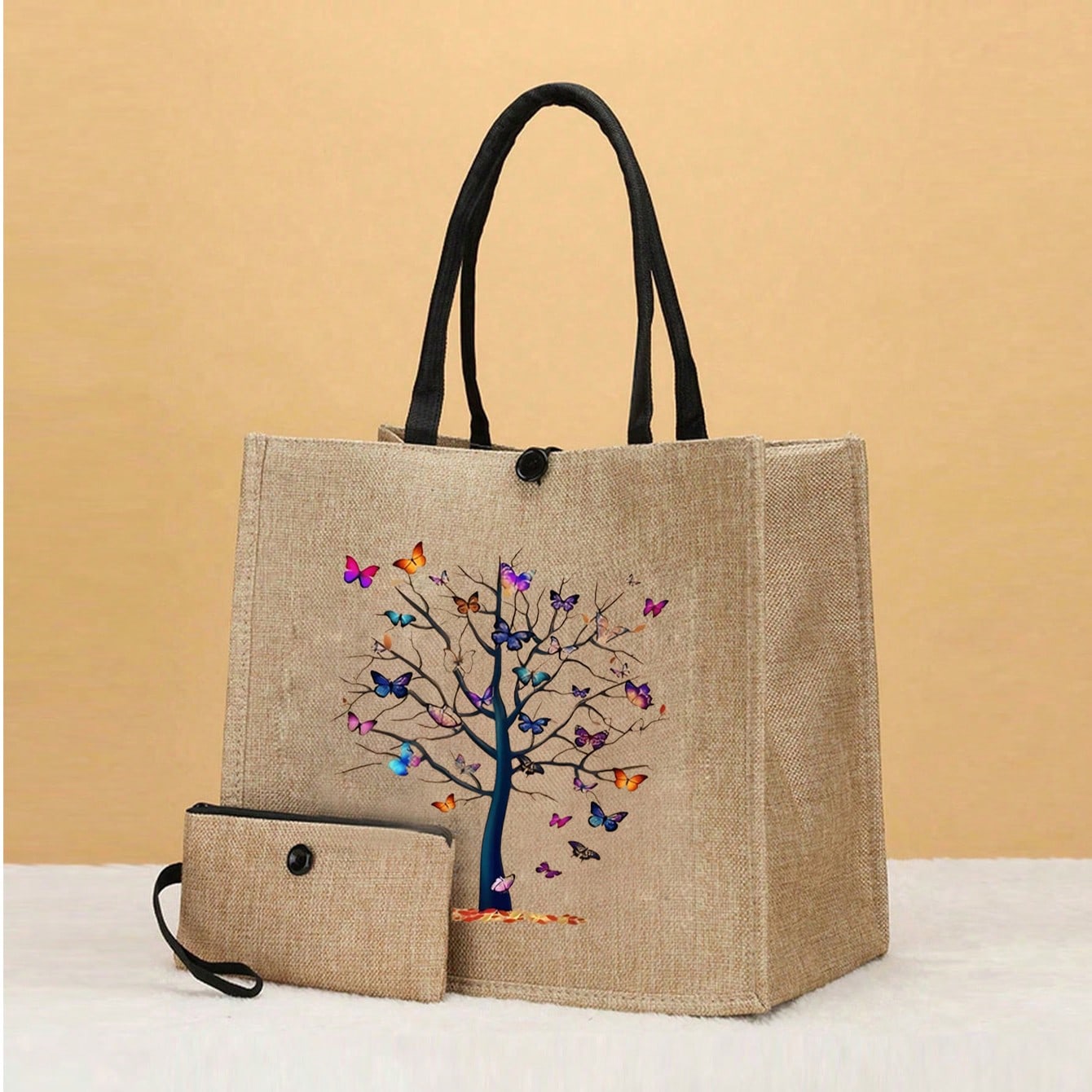 2 Pieces Pink Butterfly Print Tote Bag Set,Durable Jute With Stylish Pattern, Including Handy Coin Purse, Perfect For Shopping, Travel & Beach Adventures,Multifunctional Women's Bag, Suitable For Daily, Travel, Shopping, Work, Gift Giving