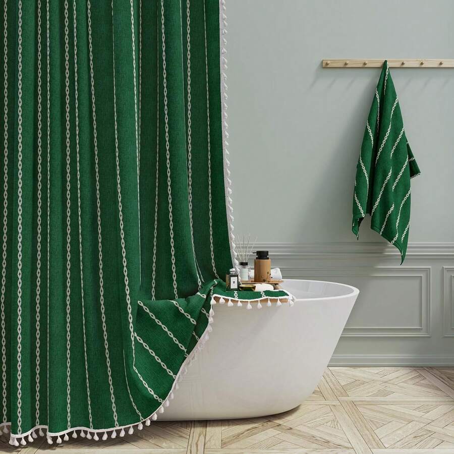 Extra Long Shower Curtain - 72x84 Long Boho Chic Striped Tassel Linen Fabric Shower Curtain Set With Hook, Tall Modern Farmhouse Cute Heavy Duty Cloth Shower Curtains For Bathroom - Emerald Green - 綠色 - 查看 1