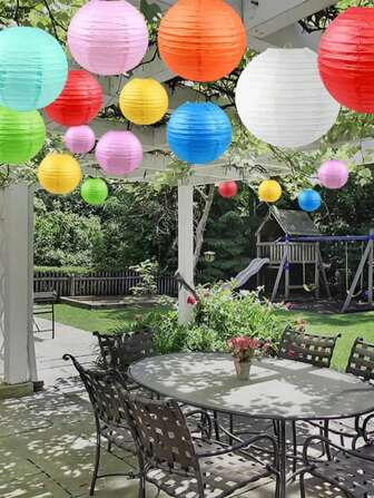 10pcs/Set 20cm/7.87in Chinese Round Paper Lanterns, Hanging Garden Compact Paper Lanterns, Collapsible Ball Lanterns, No Electricity Needed