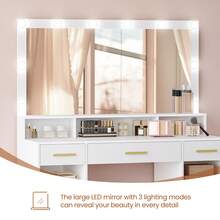 HEXCELEN Dressing Table With Large Mirror, Large Dressing Table With Drawers, Dressing Table, 3 Drawers, 2 Storage Cabinets, 5 Open Compartments, 40 * 108 * 140 Cm, White - trắng - Xem 5