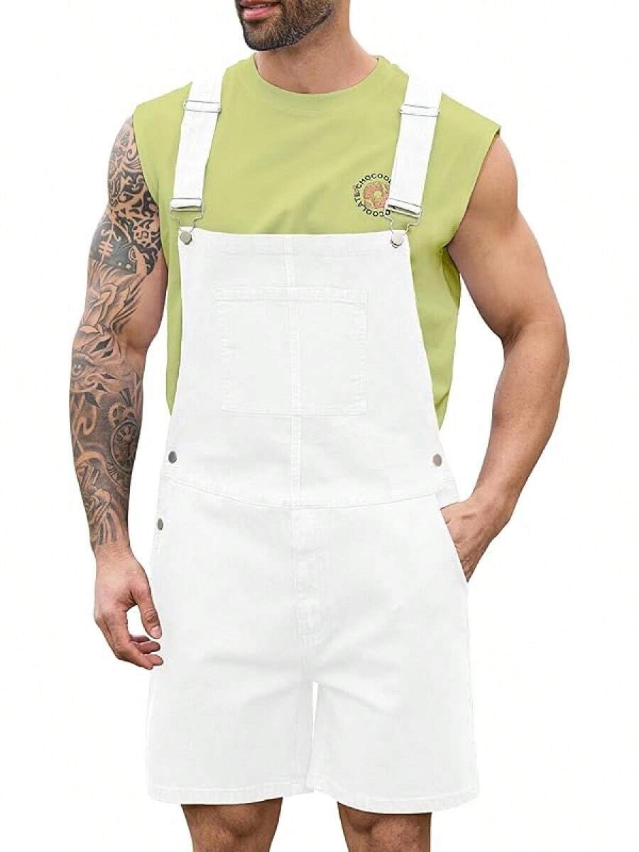Overalls Men Jean Shorts Jumpsuit Work Bibs Coveralls With Zipper, Men's - 白色 - 查看 1