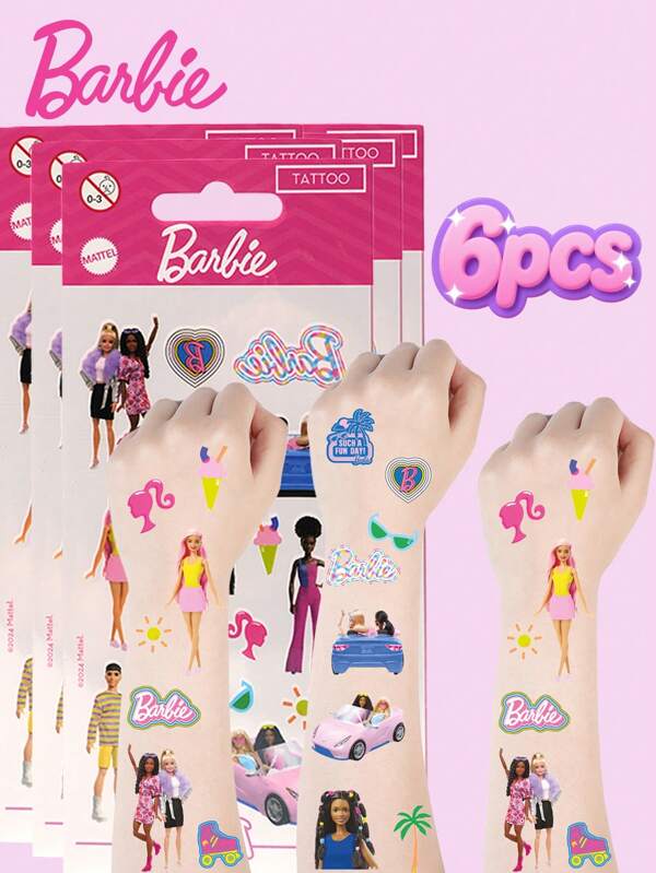 Mattel 6 Stücke offizielle Barbie Tattoo-Aufkleber, niedliche farbenfrohe, wasserfeste und temporäre Tattoo-Aufkleber mit Cartoon-Motiven, modische Körperdekoration für Geburtstage, Hochzeitsfeiern und als Geschenk