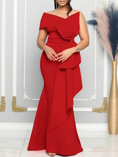 Open Shoulder Red Formal Dress With Bow Detail - Women Sleeveless A-Line Maxi Dress, Suitable For Weddings And Formal Events, Elegant Party Dress, Asymmetrical Neckline, Polyester Fabric