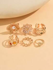 6pcs/Set Vintage Coin Adjustable Rings Set, Fashion Drip Glaze Floral With Faux Pearl Decoration, Women Jewelry Accessories Suitable For Daily Wear, Dates, Parties, Travel And Photo Taking