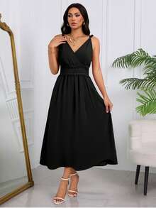 Vestido Largo Liso Para Mujer, Vestido Escote Profundo en V,Vestido Con Tirantes Y Nudo Torcido, Vestido Diseño De Panel De Encaje Con Cintura Elástica - Negro - Ver 5