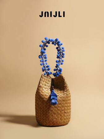 JNIJLI 1pc Boho Vacation Retro Style Tassel Handmade Straw Bucket Bag, Handbag, French Vintage Woven Bag, Versatile For Daily Commute, Fashion Business Casual, Travel Vacation, Beach Wedding, Picnic, Holiday, Beach, Best Gift For Women, Mom, Teacher, Friend, Bridesmaid, Comes With Tassel Charm