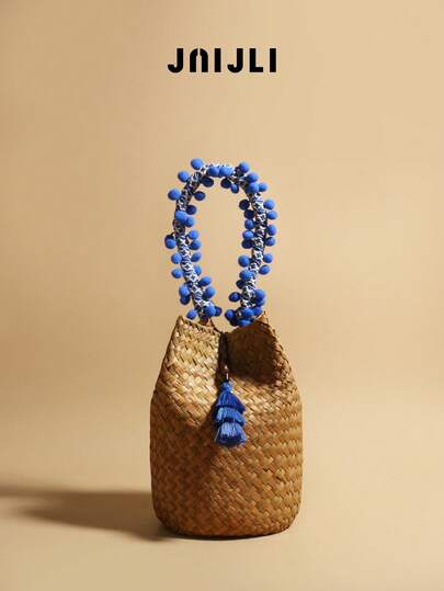 JNIJLI 1 pieza Bolso de paja estilo vintage retro con borlas, tipo balde, de estilo bohemio para vacaciones, versátil para uso diario, negocios casuales, viajes, vacaciones, bodas en la playa, picnics, vacaciones, con un encanto de borla. Gran regalo para mujeres, madres, maestras, amigas, damas de honor.