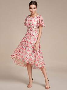 EVERPRETTY Váy phù dâu voan xếp ly họa tiết hoa tay bèo nhún thanh lịch dành cho nữ mùa thu Váy dự tiệc cưới trang trọng cho khách dự tiệc cưới - Hồng - Xem 6