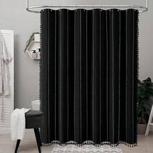 Boho Farmhouse Shower Curtain, Linen Rustic Weighted Striped Fabric Shower Curtain Set With Tassel, Water Repellent, Bohemian Vintage Country Shower Curtains For Bathroom, Black And White, 72x72 - 黑色 - 查看 2