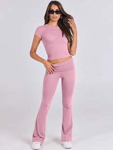 Lounge Sets Women 2 Piece Foldover Yoga Flare Leggings Pants Crop Tops Casual Y2K Outfits Matching Tracksuit Set - 粉色 - 查看 7