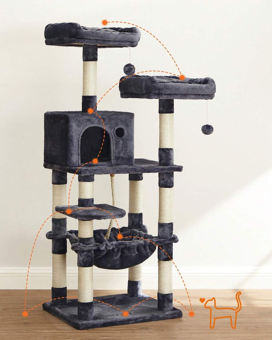 Arbre à Chat Hauteur 143 cm, Tour de Jeux pour Chat, avec 11 Poteaux à Griffer, 2 Plateformes, 1 Niche, 1 Hamac, 2 Pompons, en Tissu Peluche, Plusieurs Niveaux, Gris foncé - Gris foncé - Voir 1