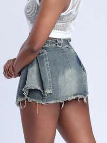 Steph T Fustă mini blugi pentru femei cu tiv asimetric, detalii plisate și zdrențuite, ținută casual de zi cu zi