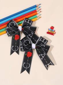 2pcs Back To School Hair Bows For Students Apple Pencil School Bus Letters Pattern Bow Hair Clips White Black Grosgrain Ribbon Bow Alligator Clips Cute Apple Pencil School Bus Letters Printed Bow Hair Clips Adorable Back To School Bow Barrettes For First Day Of School Teens Hair Accessories