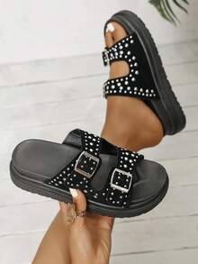 Women's Comfortable Thick Sole Rivet Strap Slip-On Sandals, Casual Beach Shoes For Summer Vacation,Travel Essential - Black - View 4