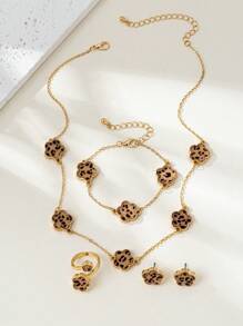 1 Set Fashionable & Elegant Metal 5 Leaf Clover Flower Bracelet, Necklace, Earrings, Ring, Bangle Jewelry Set, Versatile & Chic For Women