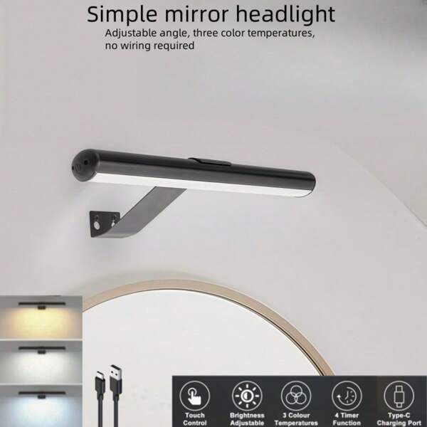 1pc Touch Sensor Rechargeable Wall Light, 3-Color Dimming, 3 Brightness Levels, No Wiring, 120° Rotatable Light Head, Magnetic Or Screw Mount, Timer, USB Charging, Bedside Reading Light, Bedroom Night Light, Wireless Wall Lamp, Emergency Light, Portable Camping Lantern, Suitable For Bathroom Wall