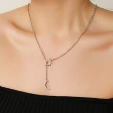 1 Pc Sun & Moon Stainless Steel Pendant Necklace, Minimalist Style Long Chain Necklace, European American Design