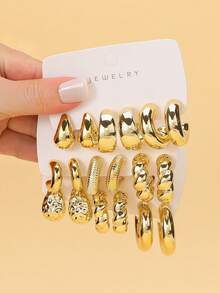 Bộ 9 khuyên tai bất đối xứng mới, làm từ chất liệu ABS nhẹ, bao gồm các thiết kế hình chữ C và hình giọt nước, đáp ứng nhu cầu trang phục hàng ngày của phụ nữ. - Vàng - Xem 19