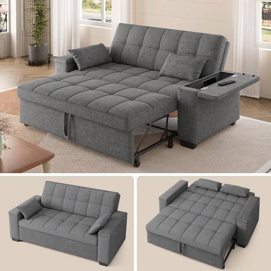 Sofá Cama Plegable 3 En 1 Lino Salas Sillón 176*74*94cm - Gris Oscuro - Ver 1