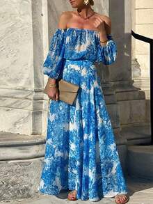 Elegant Blue And White Printed Skirt Fashion Suit - Blue - View 2