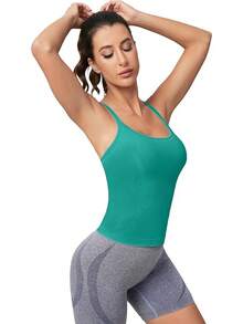 Workout Tops Women With Built In Bra, Sleeveless Gym Tops Seamless Racerback Athletic Yoga Shirts, Activewear - 雲杉綠 - 查看 3