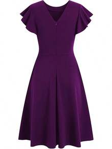 Women's Semi-Formal Ruffle Sleeve V-Back Work Fit And Flare Cocktail Knee Length Dress With Pockets, 2025 Style - Màu tím - Xem 4