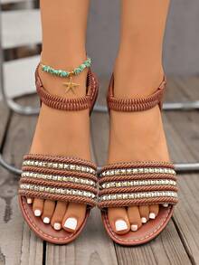 女士小众镂空编织网眼凉鞋，粗跟低跟圆头穆勒罗马闭头休闲沙滩鞋，适合户外穿着