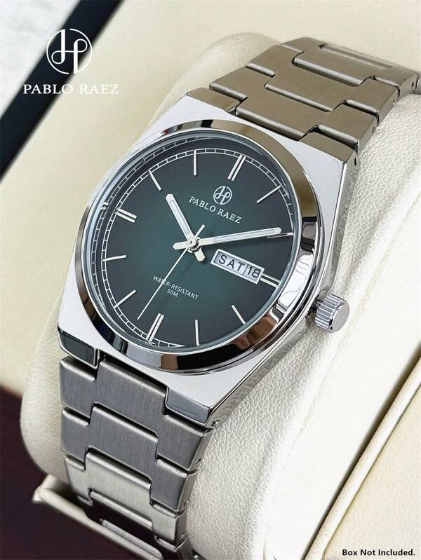 Pablo Raez 1 pièce Montre d'affaires pour hommes, marque célèbre, nouveaux accessoires de luxe AAA pour l'été. Bracelet en acier inoxydable, boîtier en acier argenté IPS, couleur dégradée verte, étanche 50 m. Affichage simple du calendrier et de la semaine. Montre à quartz de mode décontractée pour hommes avec aiguilles lumineuses, échelles de barres réelles, noir et blanc. Montre-bracelet de haute qualité pour usage quotidien, idéale comme cadeau pour les enseignants, les pères ou les amis masculins, pour la remise des diplômes ou le mariage.
