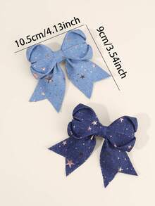 2/4 件蓝色牛仔蝴蝶结女童金色星星图案牛仔蝴蝶结发夹优雅蓝色发夹带尾巴夏季装发夹头饰儿童婴儿发饰