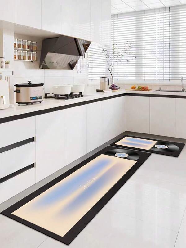 Tapete de cozinha de sílica gel, azul, verde, ciano, vermelho, com estampa de discos de vinil e letras, estilo minimalista luxuoso, tapete de cozinha acolchoado e antifadiga, absorvente de água, fácil de limpar, com cerca de 3 mm de espessura, pode ser cortado no tamanho desejado, tapete de borracha macia durável, tecido superior, espuma intermediária, borracha inferior, adequado para cozinha, banheiro, entrada, lavanderia